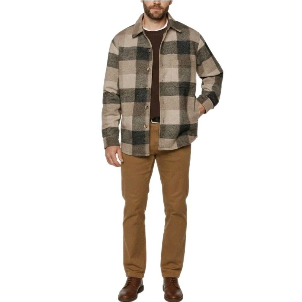 Banana Republic Heavyweight Shacket Tan Brown Plaid Button Shirt Jacket Men's M